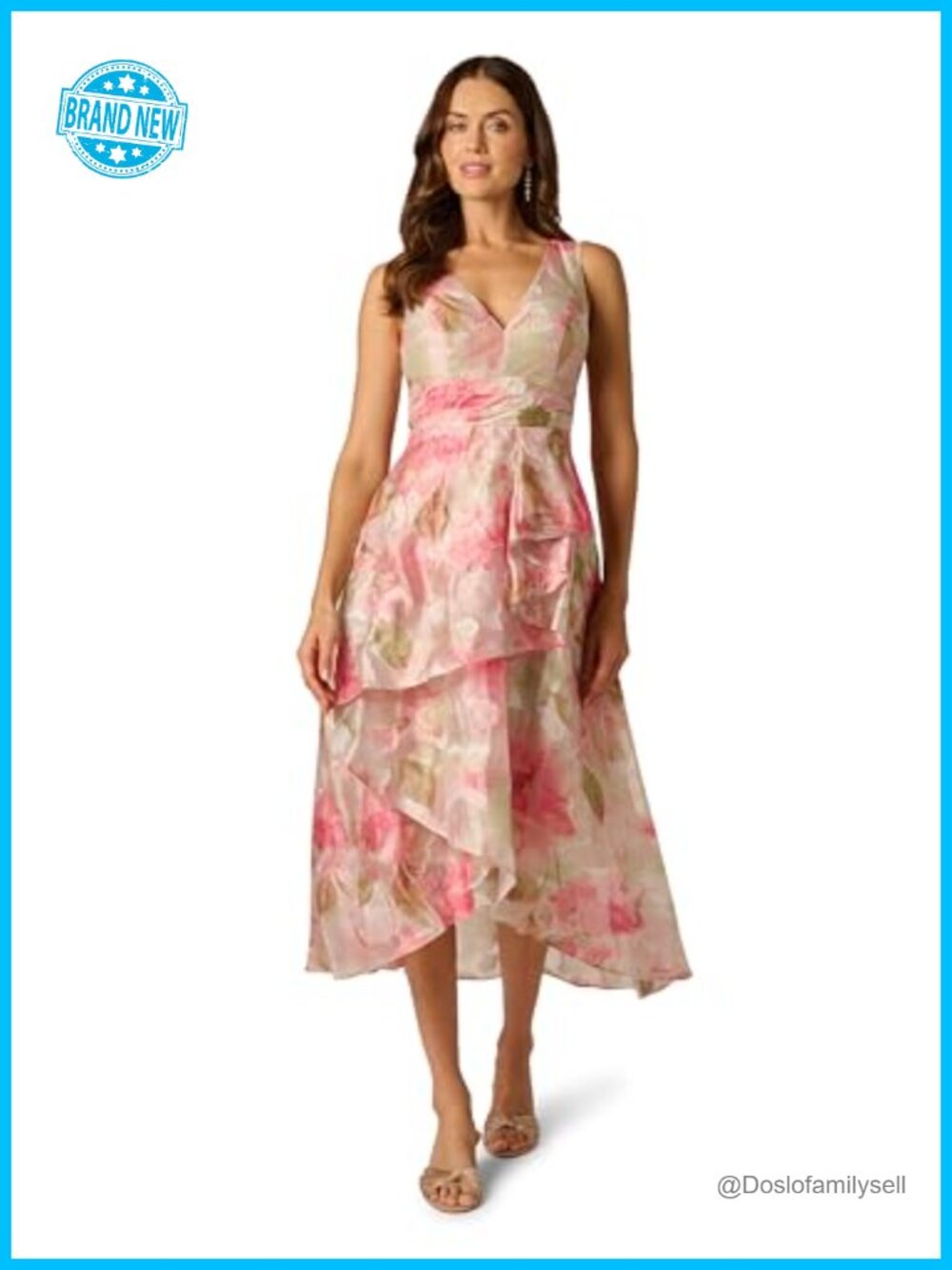 Floral Organza Midi Dress V-Neck Ruffle High-Low Cocktail
